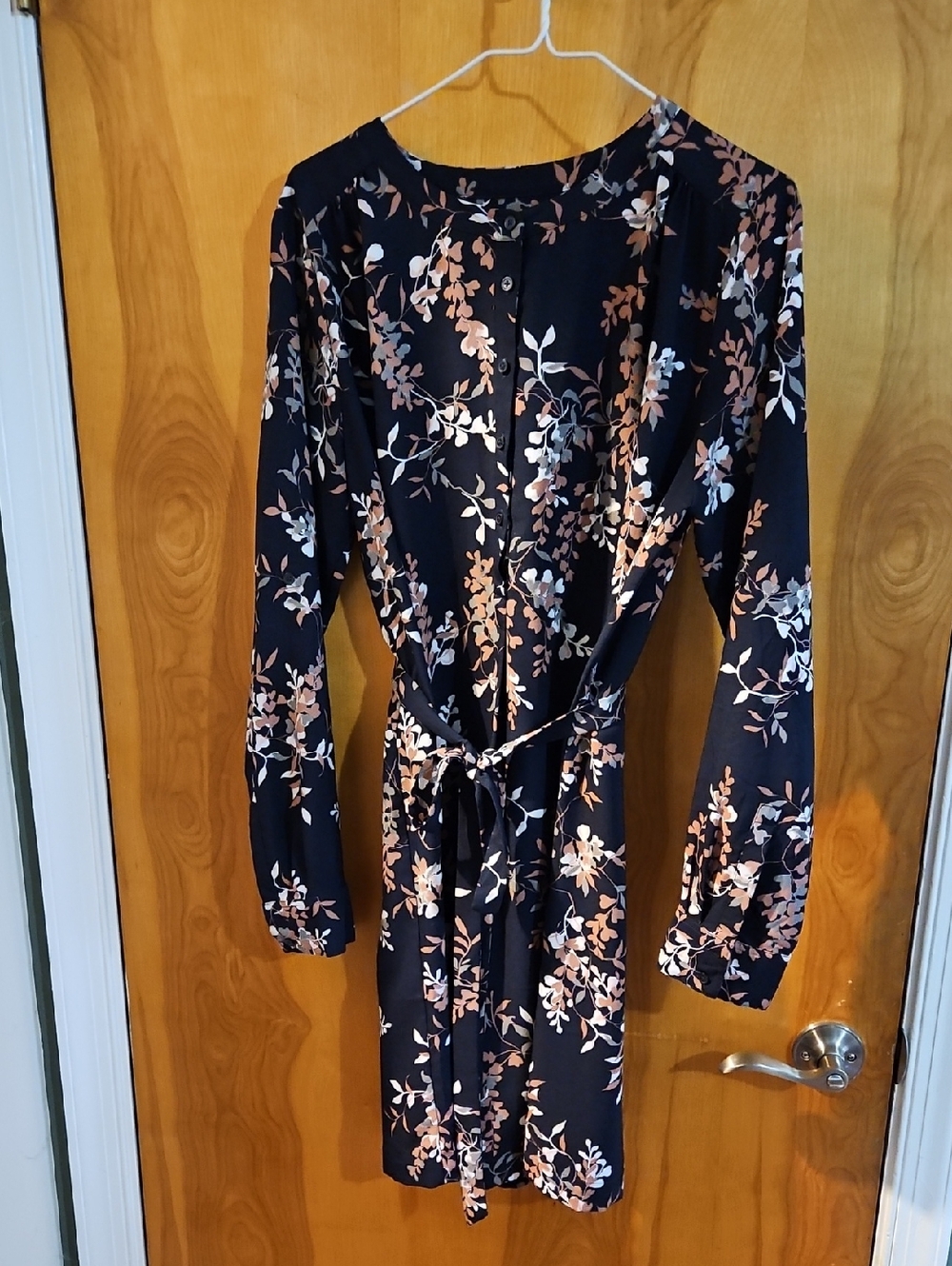 LOFT Navy Floral Long-Sleeve Tie-Waist Dress